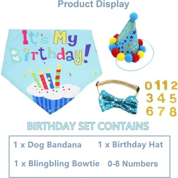 Dog Birthday Bandana Scarf &Dog Girl Boy Birthday Party Hat with Cute Dog BowTie - Picture 2 of 7